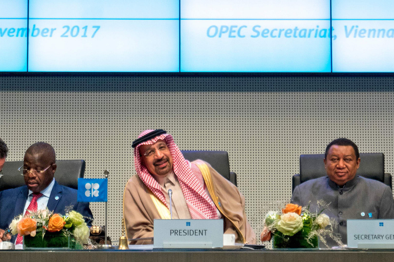 (From left) Angola's governor for Opec Estevao Pedro, Saudi Arabia's Energy Minister Khalid Al-Falih and Opec secretary-general Mohammed Barkindo at last year's Opec conference. Ministers from Opec will meet in Vienna today and tomorrow to decide how