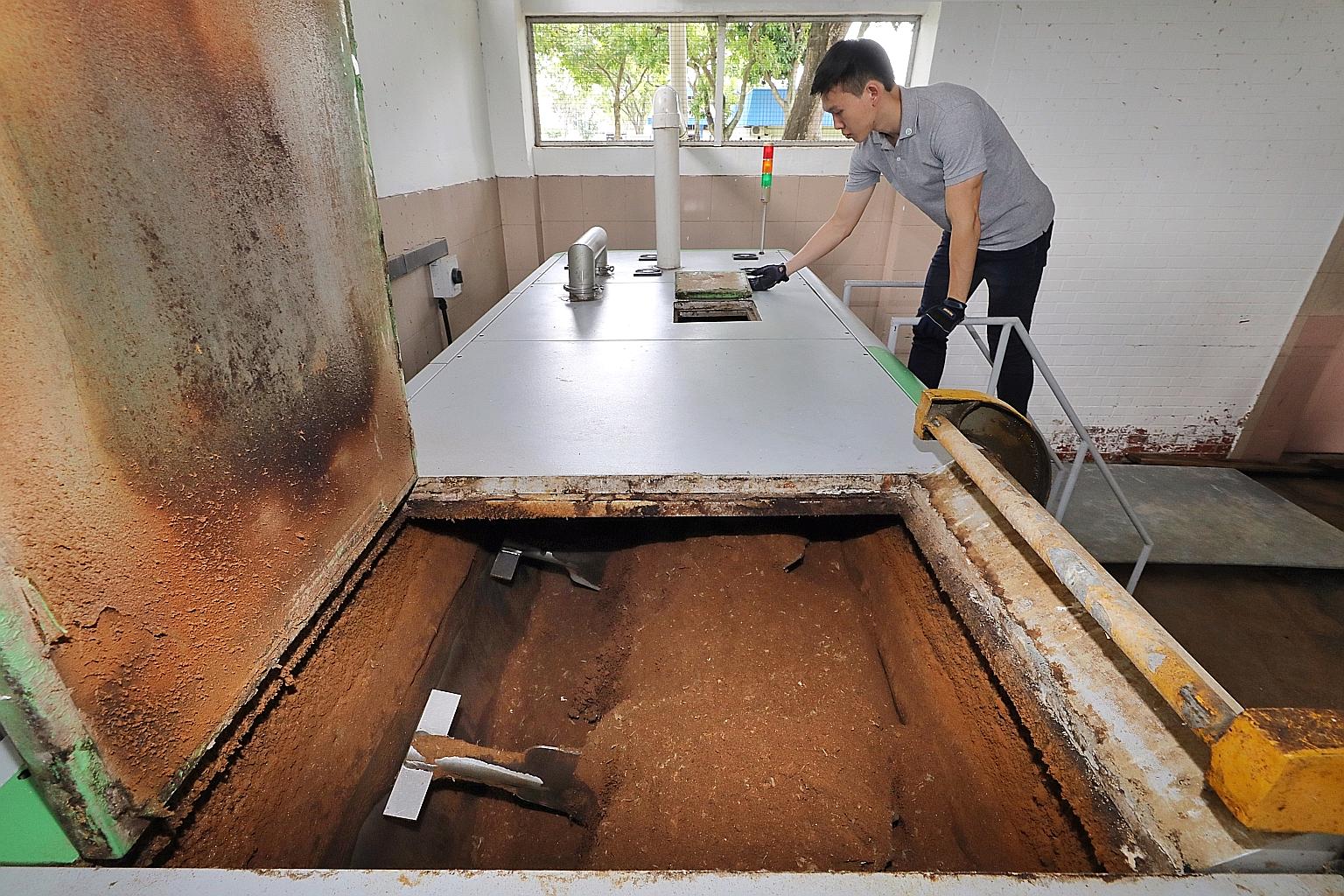The interior of the food digester at Pandan Loop Industrial Estate, which has the capacity to produce about a tonne of fertiliser every month. The microbes used in the machine are said to work better on local food waste.