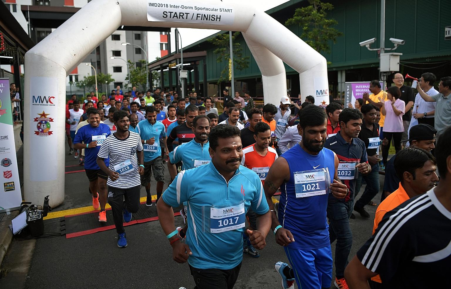 A 3km mass run and futsal were some of the activities organised for workers at the Migrant Workers' Centre's International Migrants Day celebrations, at the Terusan Recreation Centre in Jurong yesterday.
