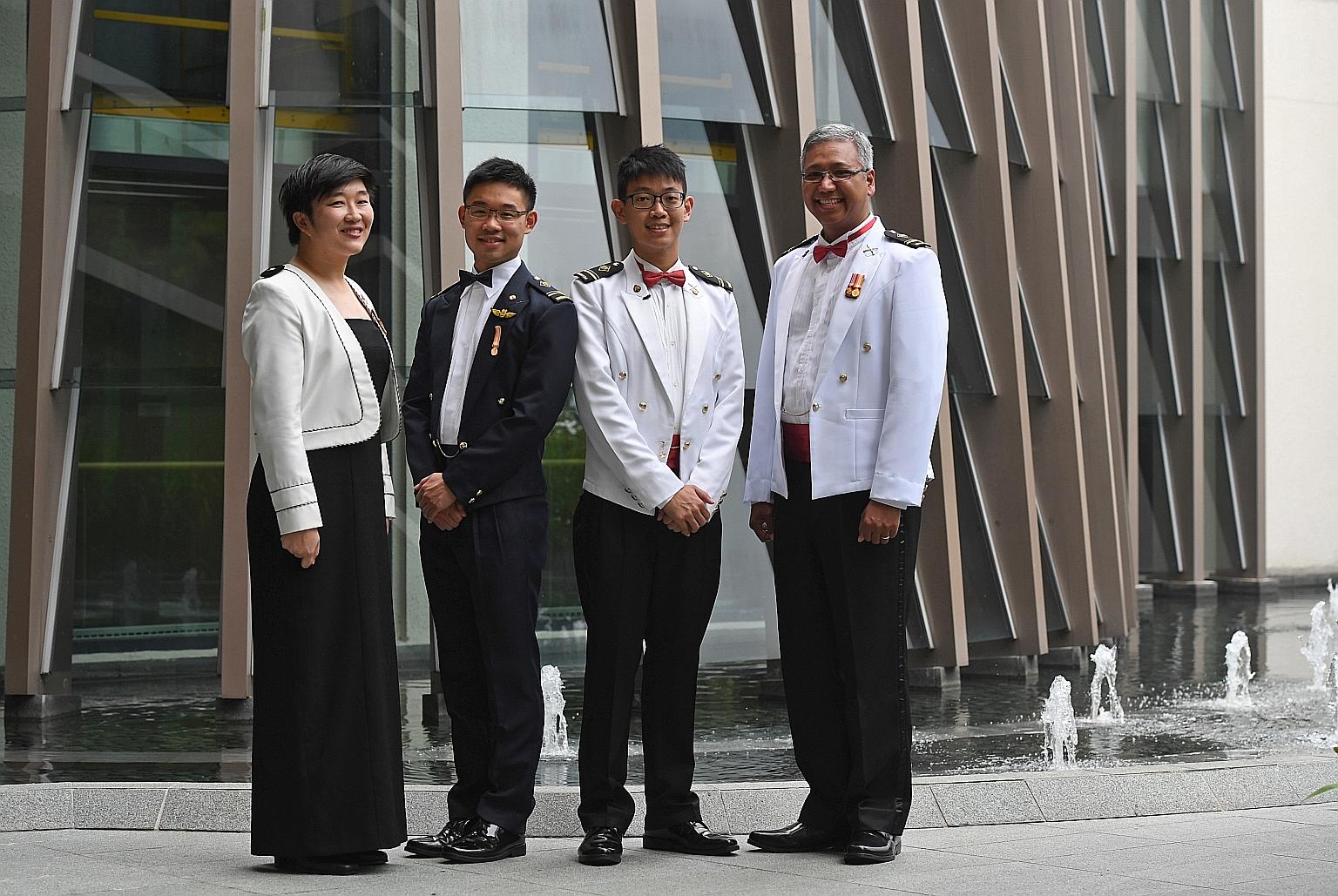 (From left): ME4 Shaune Lin Liling, 35; ME4 Benjamin Ng Zhi Long, 24; ME4 William Lim Qi Liang, 26; and ME4 (NS) Michael Gabriel Pillai, 44, were among the 89 senior military experts appointed during the 16th SAF senior military expert appointment ce