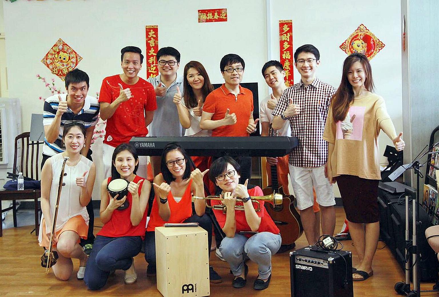 Mr Jeremy Sun (standing, fifth from left) with the Play For Good band at a recent performance in a nursing home. The band started playing at homes in 2015.