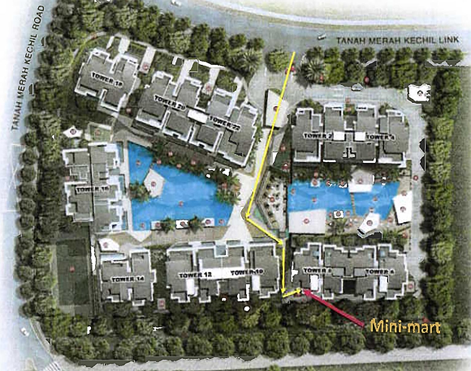 A visitor had to pass by residential blocks and two swimming pools in the common areas of Urban Vista condo to get to the minimart, which was located at the far end from the entrance to the property.