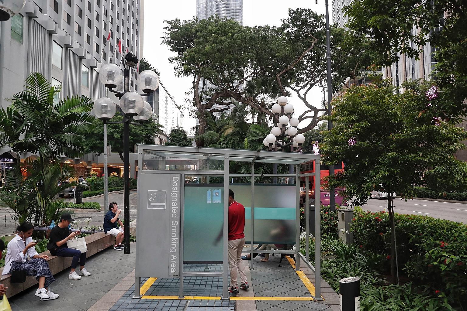 A designated smoking area outside Far East Plaza. The locations of the more than 40 designated smoking areas in the zone can be found on NEA's website as well as brochures at malls and tobacco product retailers.