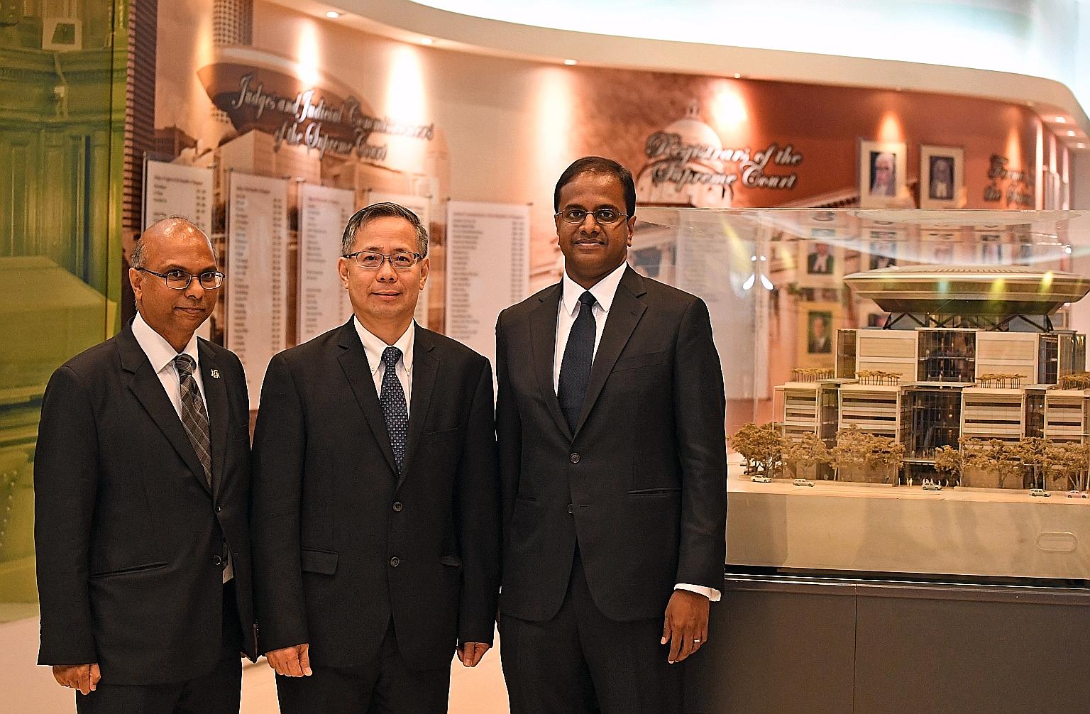 (From left) Mr Gregory Vijayendran, Mr Foo Chee Hock and Mr Siraj Omar were among those appointed Senior Counsels yesterday. They advise junior lawyers to keep believing in their dreams, use their knowledge of the law to help their clients and to con