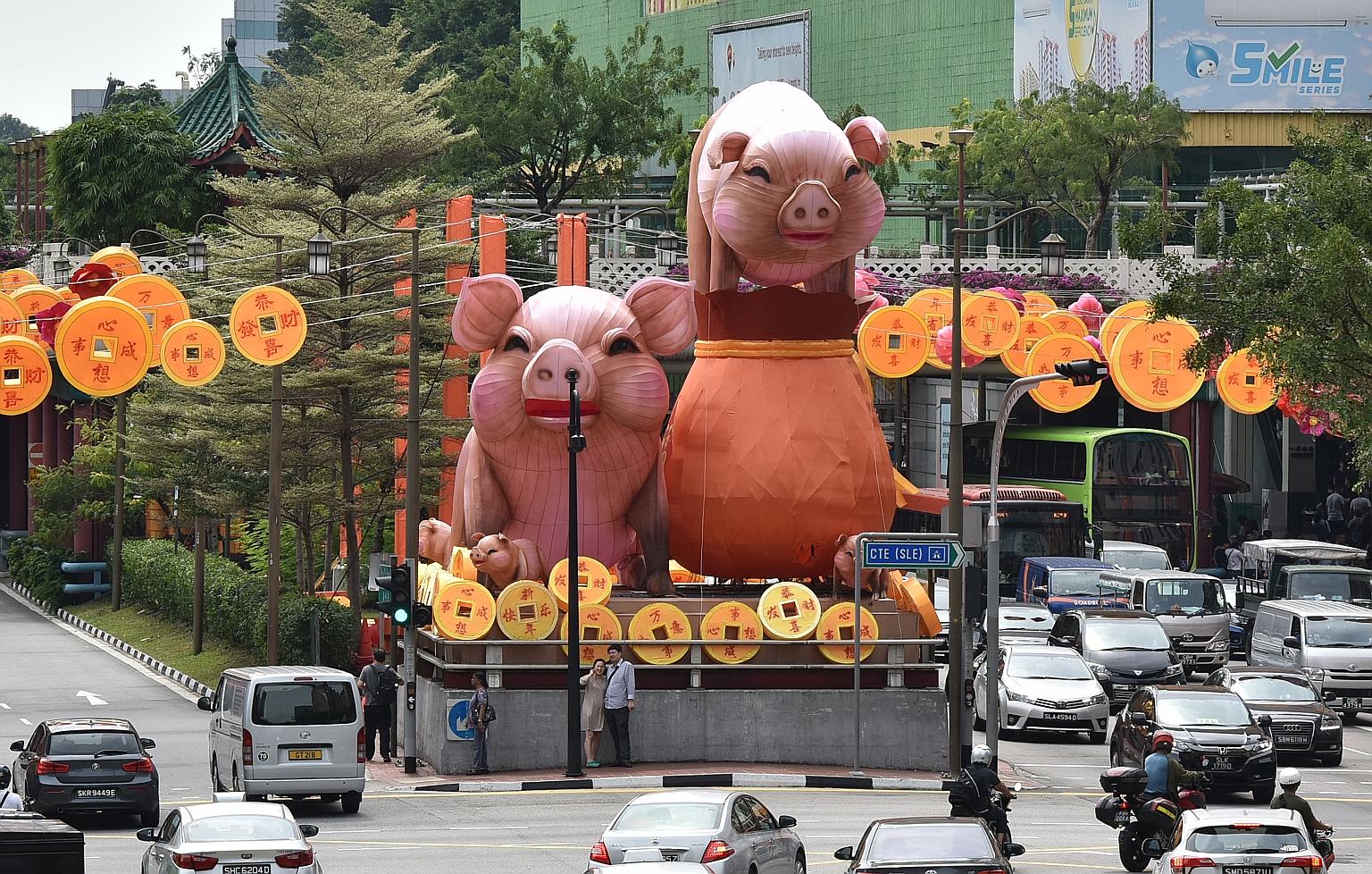 The lanternfeatures several pigs and a fu dai, or fortune bag in Mandarin. It and other lanterns at this year's Chinatown Chinese New Year light-up were designed by 11 students from the Singapore University of Technology and Design, and handmade by 4