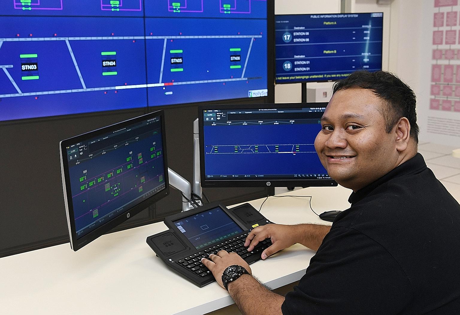 Republic Polytechnic (RP) graduate Muhammad Syahirul Annuar Musa in the RP-LTA Rail Operations Management Lab yesterday. RP signed an MOU with LTA, SMRT and SBS Transit to commit to developing the local land transport industry workforce and to growin