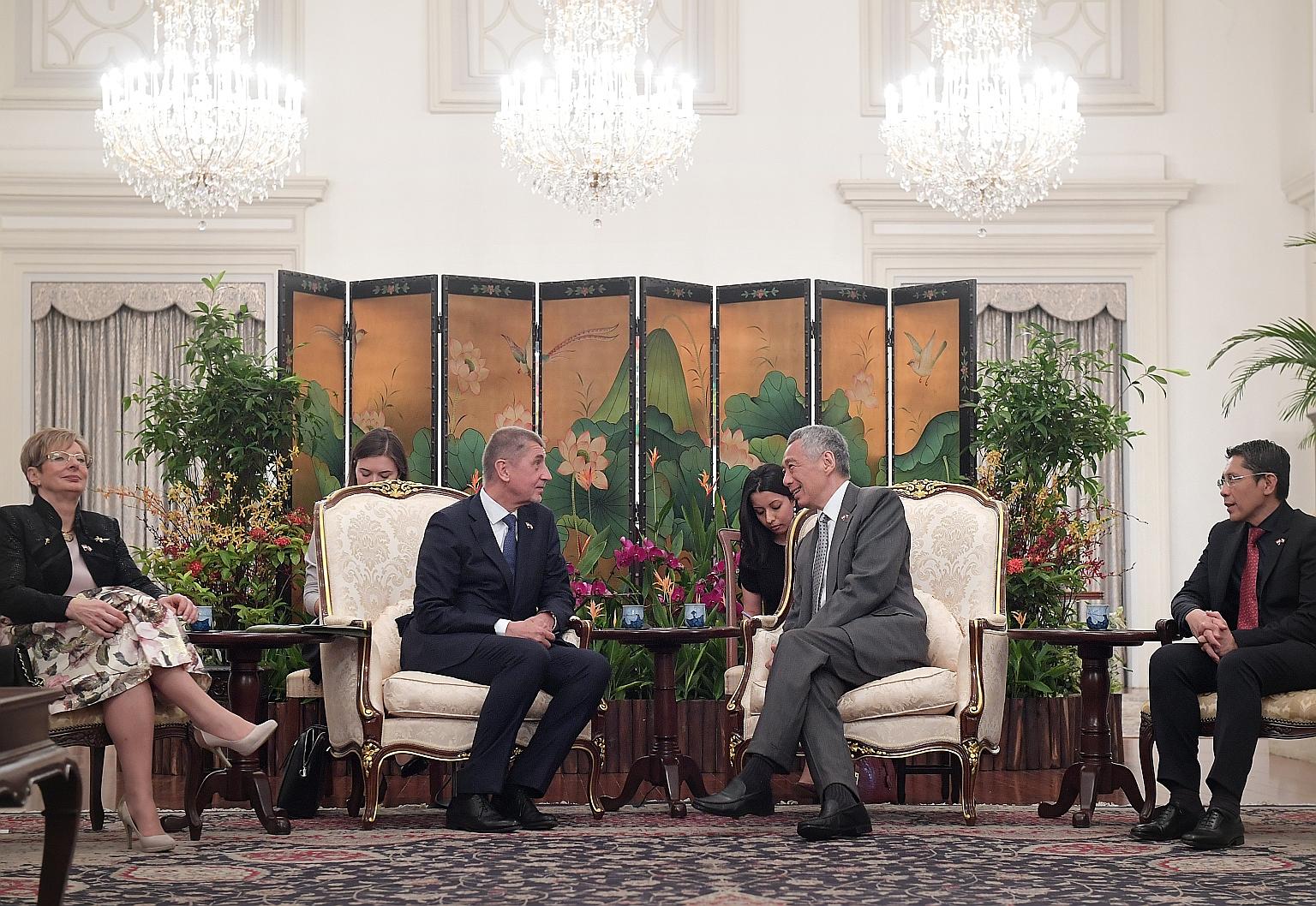 Prime Minister Lee Hsien Loong meeting Czech Republic Prime Minister Andrej Babis at the Istana yesterday. They discussed growing collaborations between the two countries, and areas to enhance the relationship, including trade, technology and researc