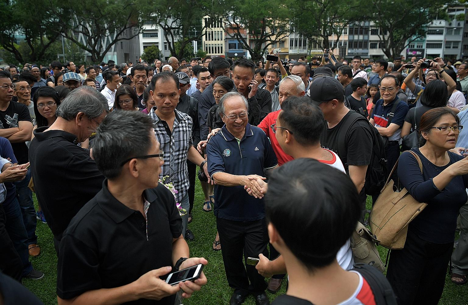 Dr Tan Cheng Bock greeting supporters at a 2017 event. Dr Tan, a six-term MP who retired from politics in 2006, applied to register his Progress Singapore Party on Wednesday. He said it comprises 11 other "like-minded Singaporeans".