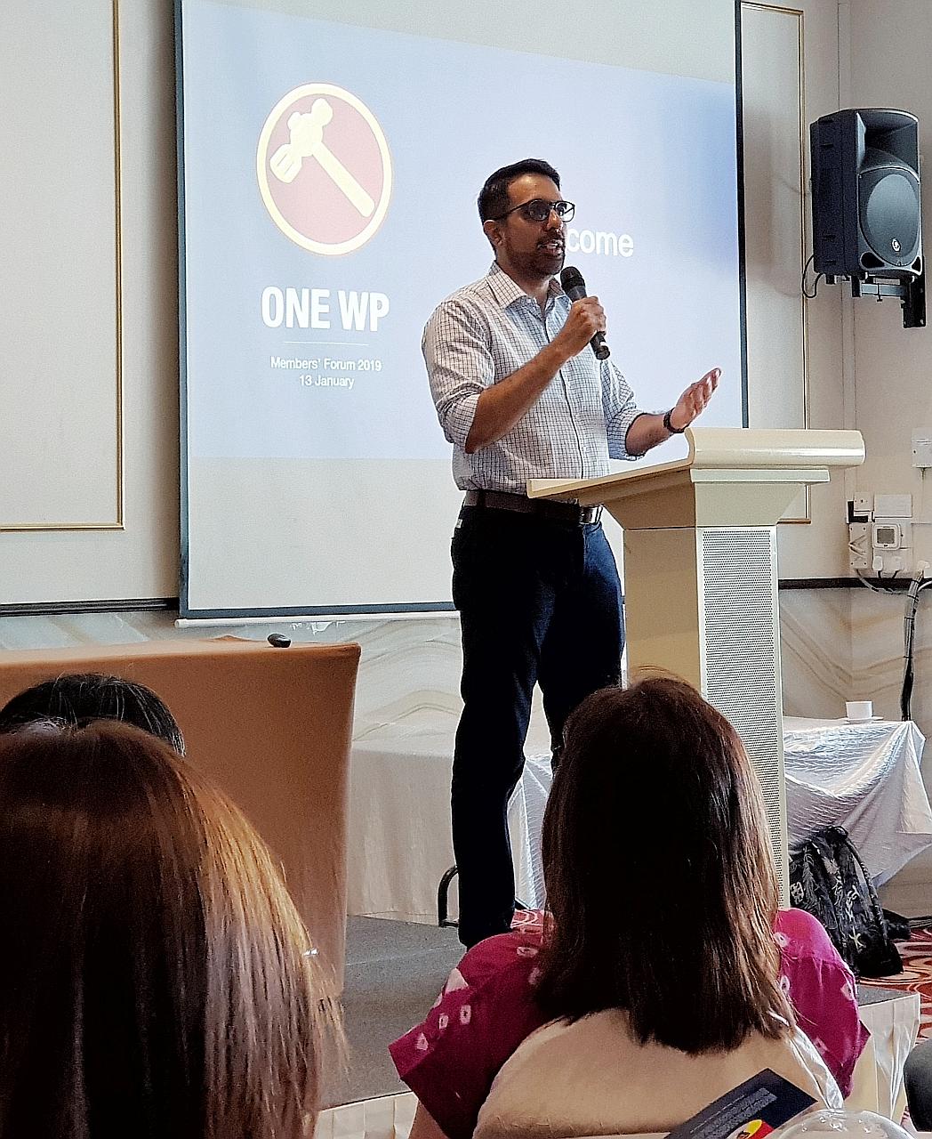 Workers' Party secretary-general Pritam Singh speaking at the WP members' forum last Sunday, where he laid out the goal for the party to contest and win one-third of the seats in Parliament in the medium term.