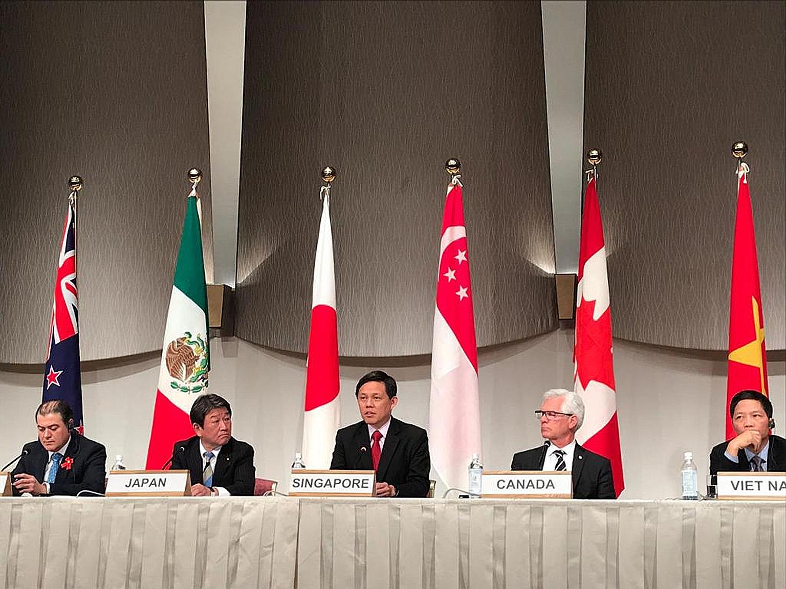 Singapore Trade and Industry Minister Chan Chun Sing urged members to grow the CPTPP In his speech at the meeting, which was also attended by other trade ministers such as (from left) Mr David Parker of New Zealand, Mr Toshimitsu Motegi of Japan, Can