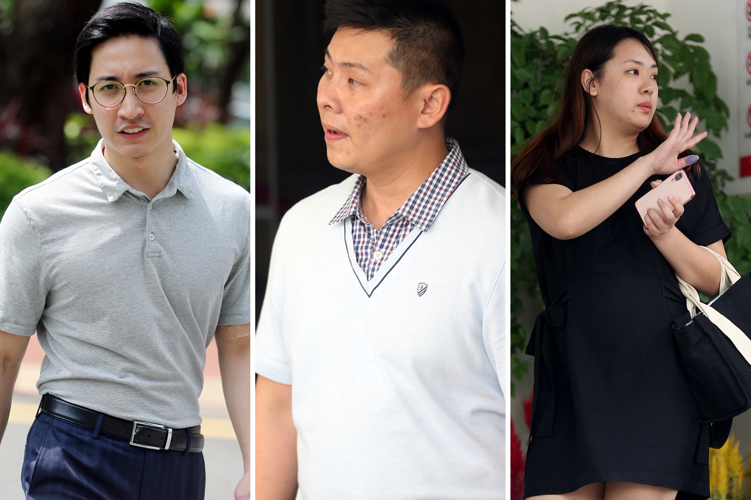 (From left) Charles Loo Boon Ann, Mike Chew Jun Yong and Priscilla Tien Ling allegedly cheated Manulife Singapore of over $14,000 by submitting bogus personal accident claims for 12 people covered by the insurer.