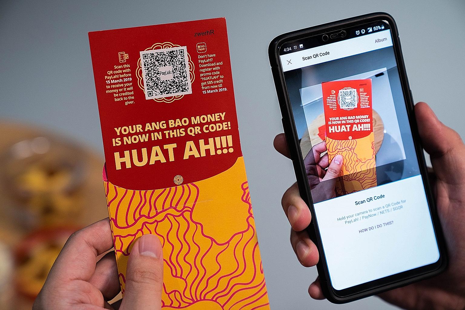 From tomorrow, DBS will give out red paper printed with a unique QR code. Using the DBS PayLah e-wallet, those giving hongbao can scan the code to indicate the amount, and recipients can scan to redeem it.