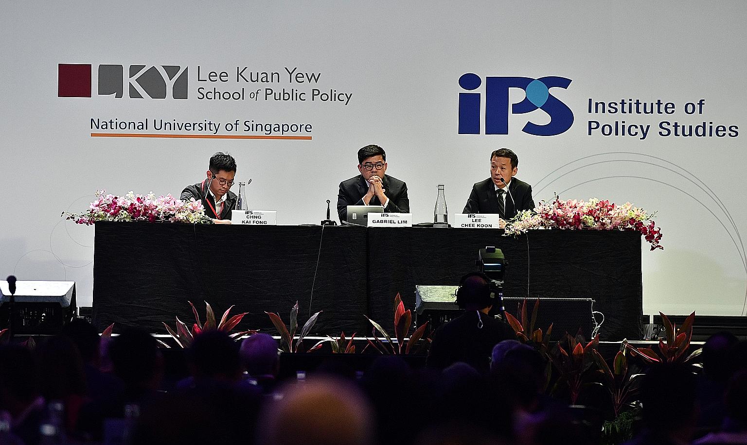 From left: Economic Development Board managing director Chng Kai Fong; moderator Gabriel Lim, permanent secretary at the Ministry of Communications and Information; and CapitaLand group chief executive Lee Chee Koon at a panel discussion on Singapore