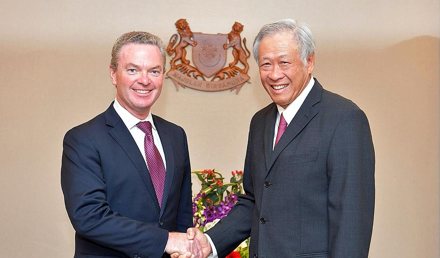 Australian Defence Minister Christopher Pyne, the keynote speaker at the 7th International Institute for Strategic Studies Fullerton Forum: Shangri-La Dialogue Sherpa Meeting, with his Singapore counterpart, Dr Ng Eng Hen, yesterday.
