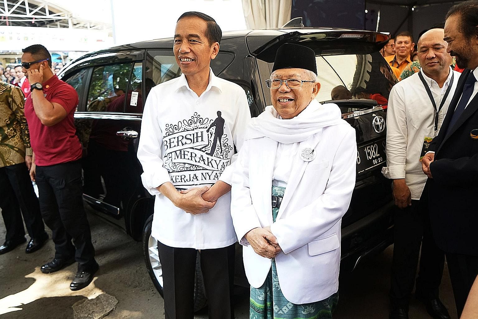 Indonesian President Joko Widodo with his running mate Ma'ruf Amin, who was seen as the weakest performer among the four candidates in the first presidential debate last month.