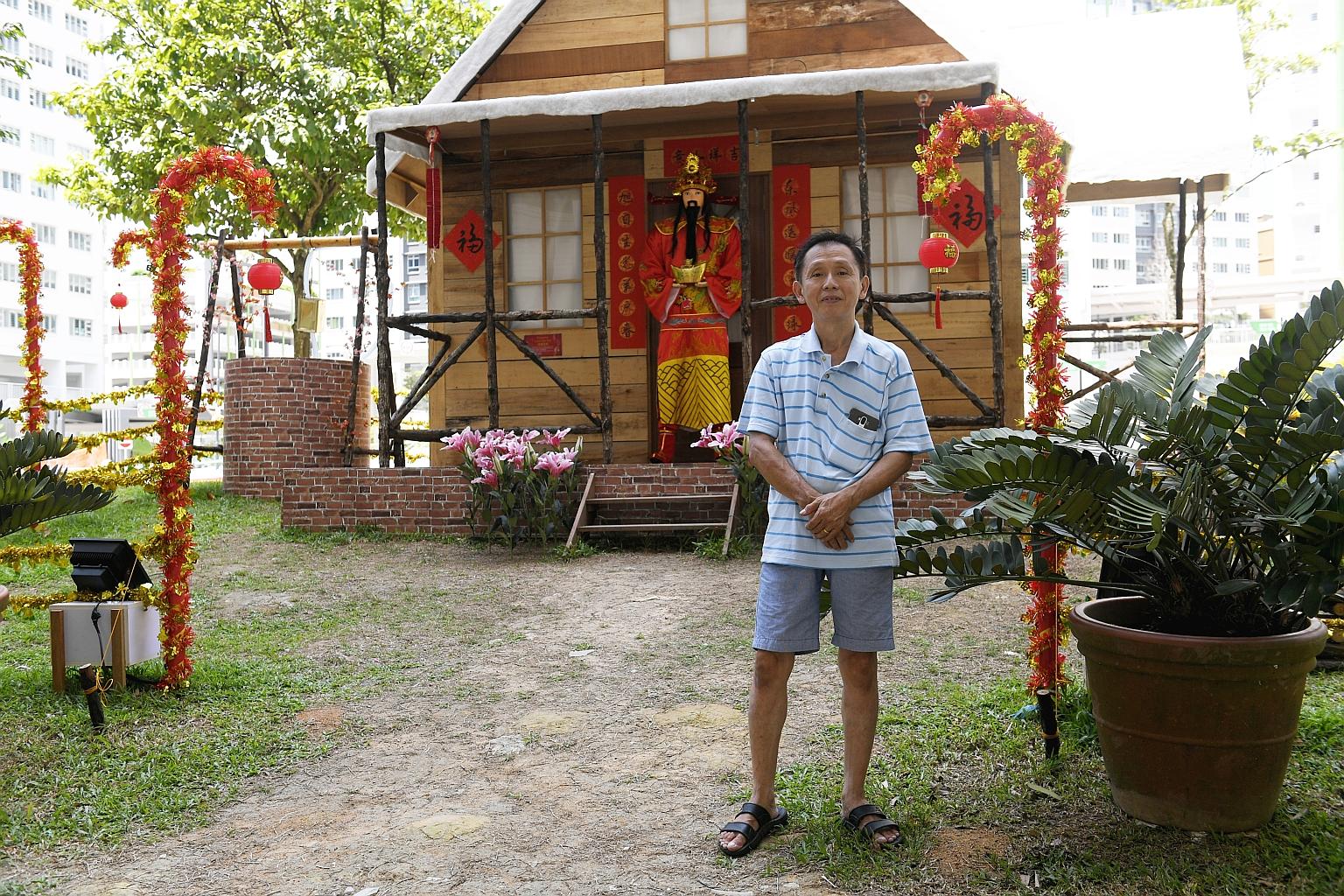 It was a Christmas cabin but with the help of Woodlands Housing Board residents, it has been transformed for Chinese New Year. The "snow-topped" log cabin in front of Block 178 Woodlands Street 13 now sports decorations such as Chinese couplets, the