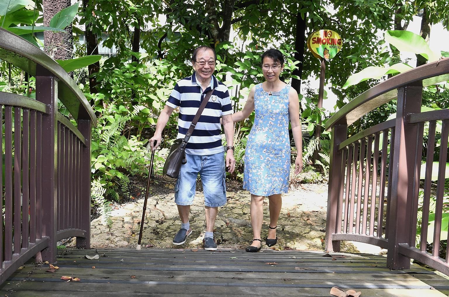 Dr Su Su, a consultant in geriatric medicine at Khoo Teck Puat Hospital, with her patient, retired pianist and saxophone player Cheung Tat On, who underwent hip-fracture surgery last June. Mr Cheung said his treatment, from his arrival at the hospita