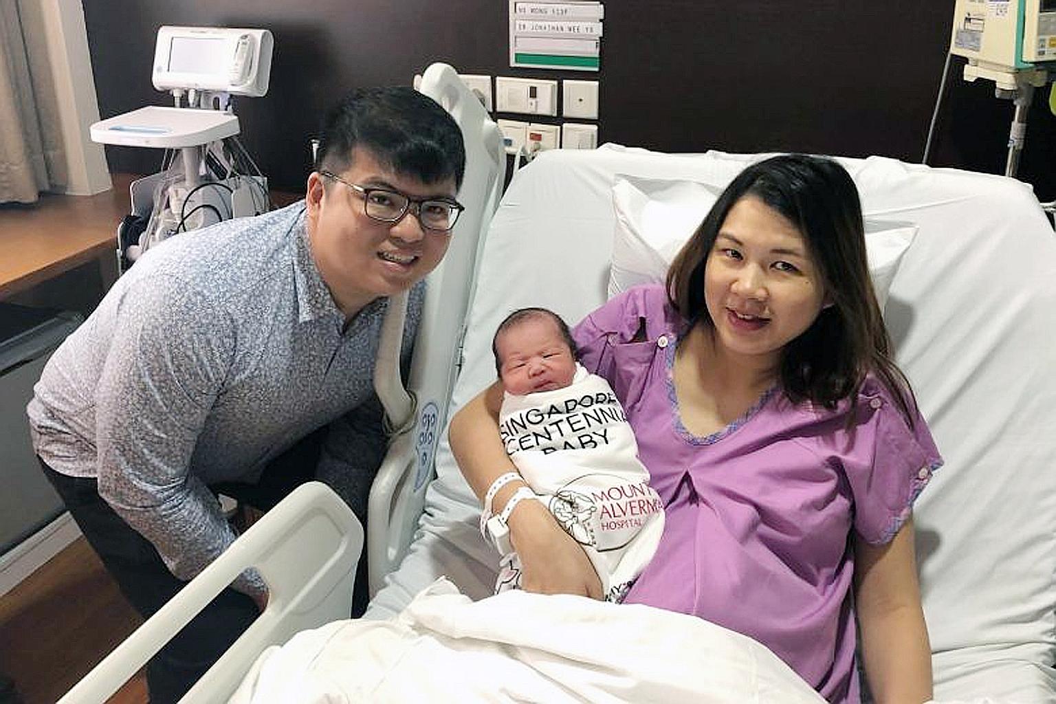 Mr Poon Yee Siang and his wife Wong Ee Wen with their baby boy Ethan, who was born at midnight on Tuesday. The first-time parents were expecting him to arrive a month later on March 3.