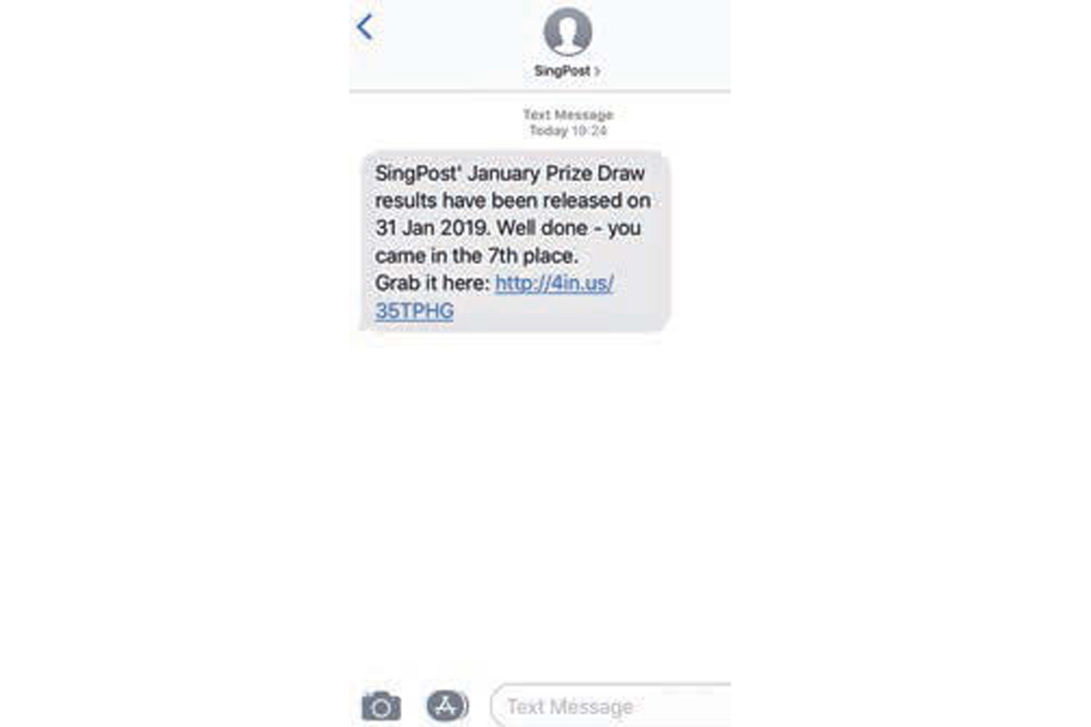 A sample of the message that was sent to SingPost customers in an attempted scam.