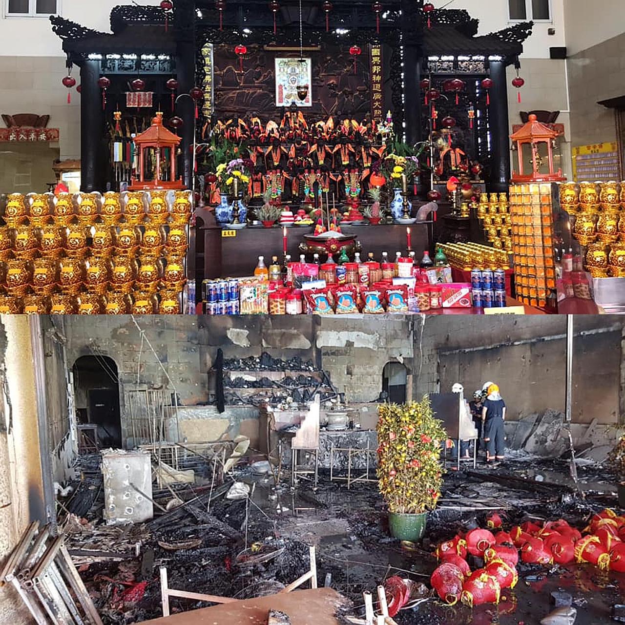 A fire at the Poh Ann Keng temple in Tampines badly damaged the front hall, prayer altar and several statuettes last Saturday morning, the fifth day of Chinese New Year.