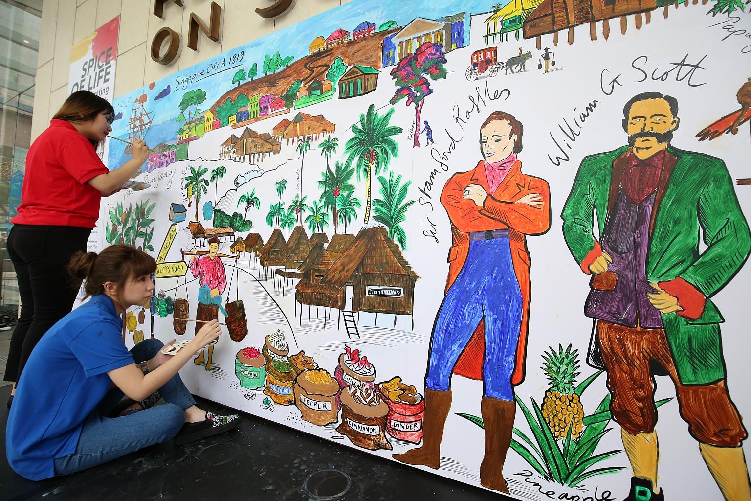 An art wall at Royal Plaza on Scotts featuring the island's past, as part of the bicentennial events. Finance Minister Heng Swee Keat urged Singaporeans to reflect on the "twists and turns" in the island's history.