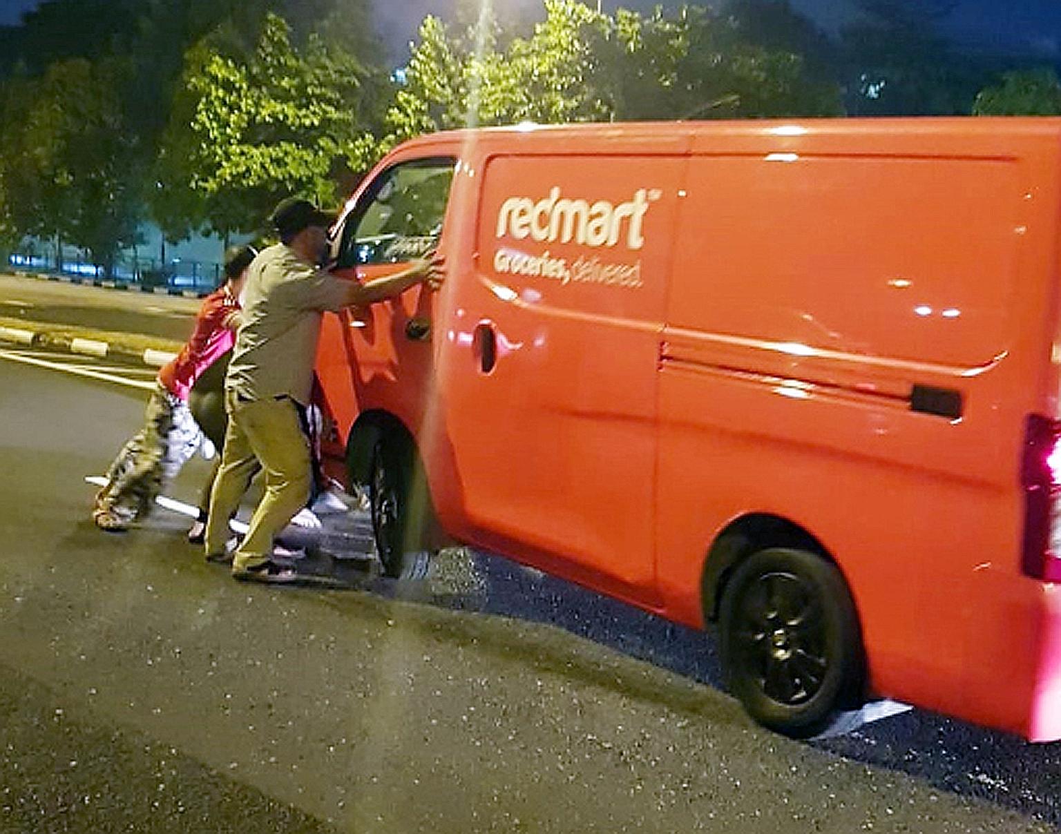 Left: The e-scooter rider was trapped underneath the van after the accident. Right: The van driver was said to be among those who helped free the woman rider.