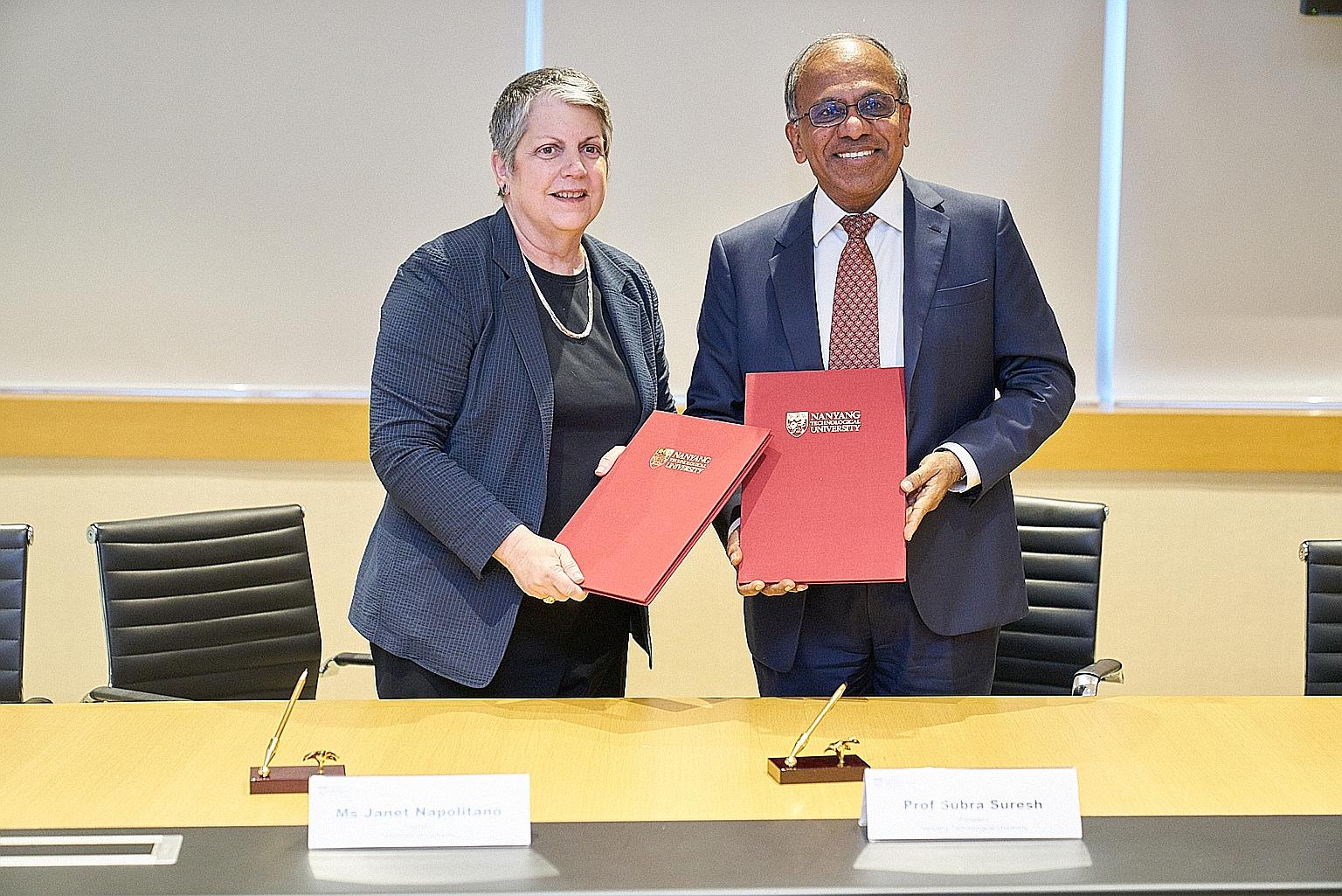 University of California president Janet Napolitano and Nanyang Technological University president Subra Suresh yesterday signed a memorandum of understanding that spans five years. The two institutions will explore joint research efforts in areas th