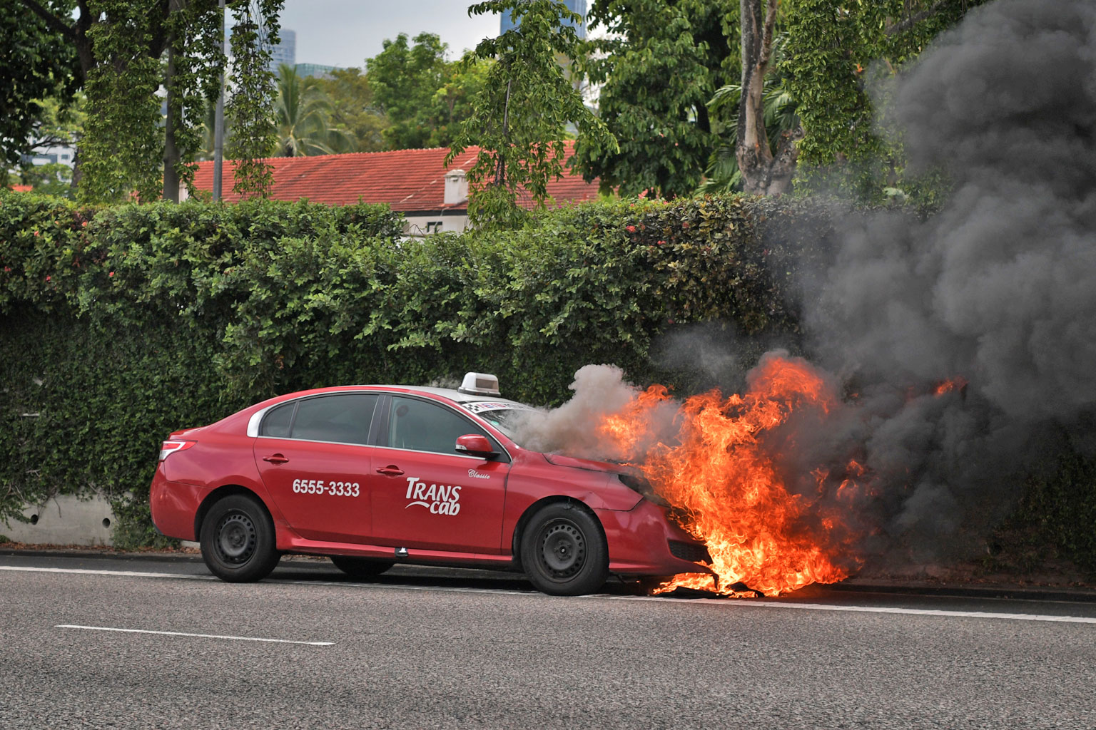 When The Straits Times arrived at the scene at around 2.45pm, the front of the TransCab taxi was in flames. The driver was taken to Tan Tock Seng Hospital.