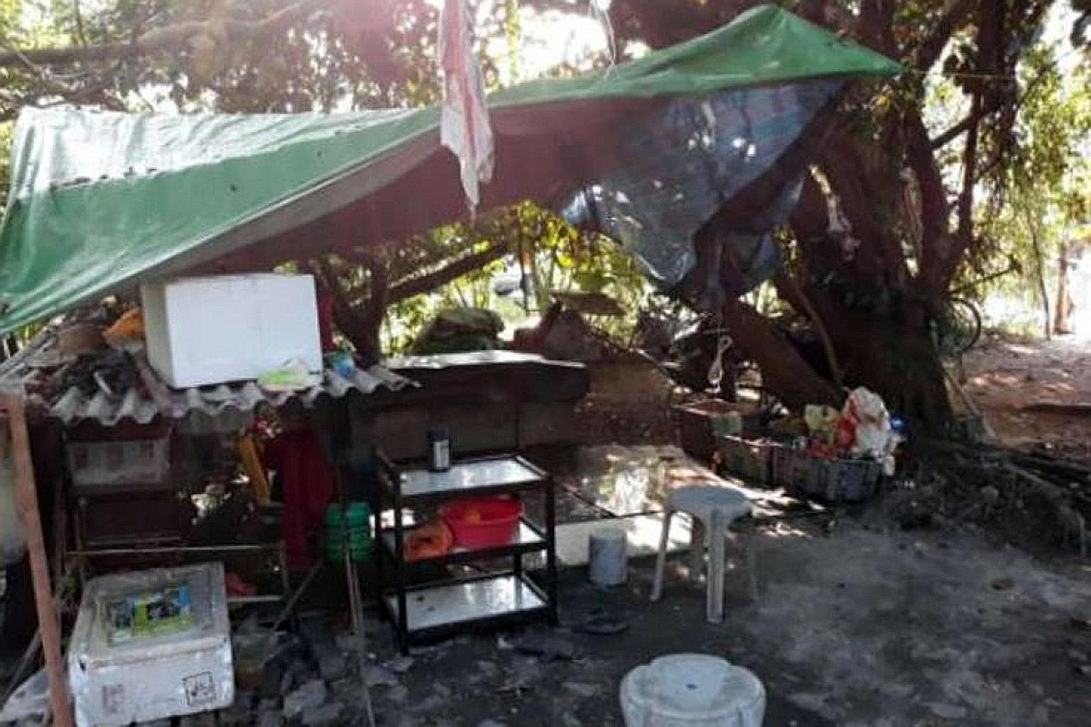 Photographs like this provided by the ICA show a crude shelter made of tarp, and shelves with baskets and containers. ICA officers were led to the makeshift housing within a Choa Chua Kang cemetery by one of the suspects.