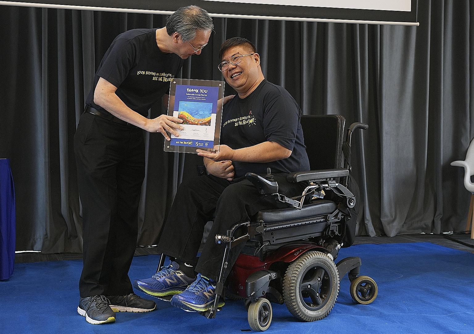 Left: A highlight of this year's "See The True Me" campaign is the music video directed by filmmaker Royston Tan and performed by Mr Danial Bawthan, 24, also known as Wheelsmith, and Ms Adelyn Koh, 18, the lead singer, who is visually impaired. Far l