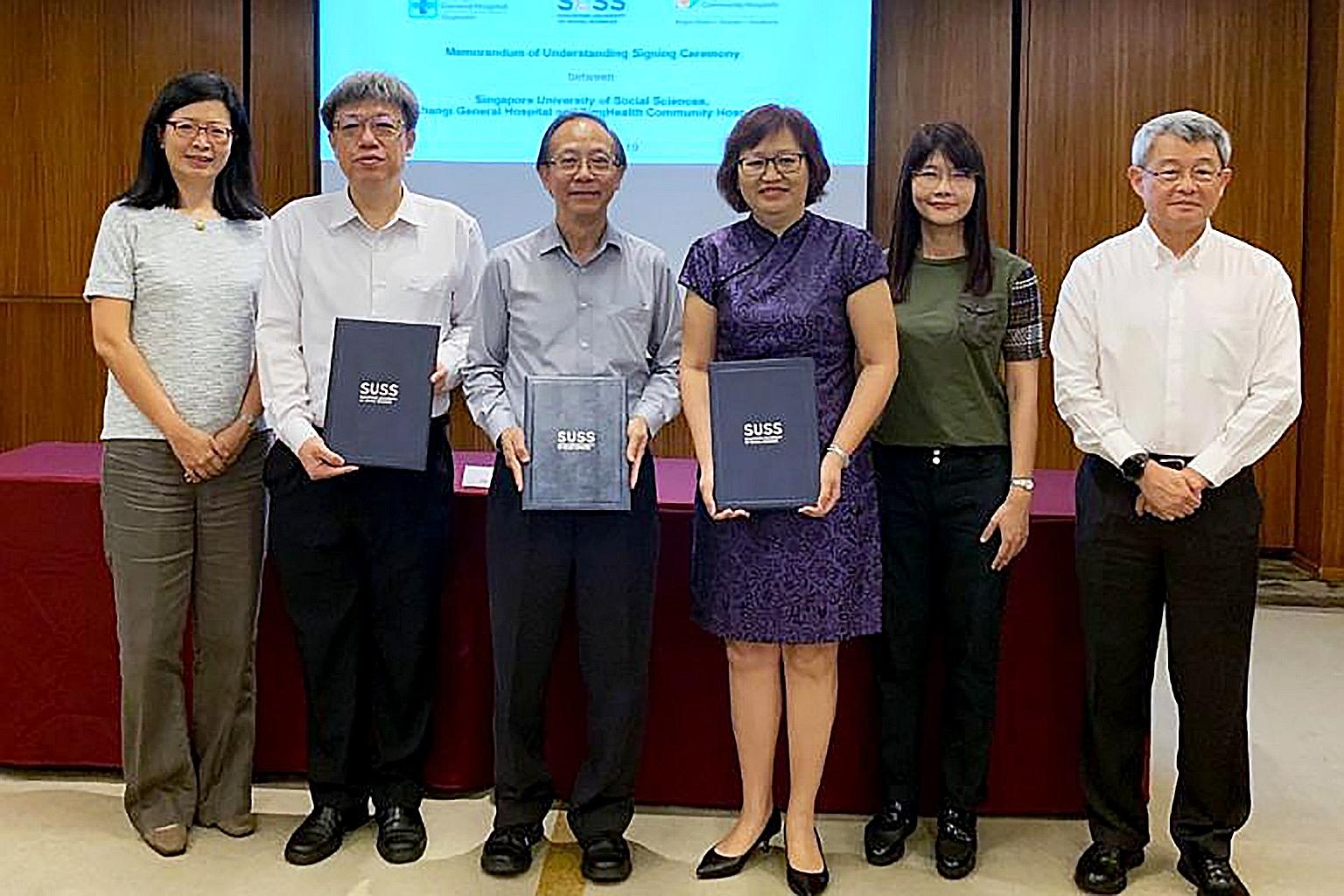 At the signing ceremony for the MOUs were (from left) Changi General Hospital's chief financial officer Lim Lee Nor and CEO Lee Chien Earn; SUSS president Cheong Hee Kiat; SingHealth Community Hospitals' CEO Margaret Lee and finance director Marianne
