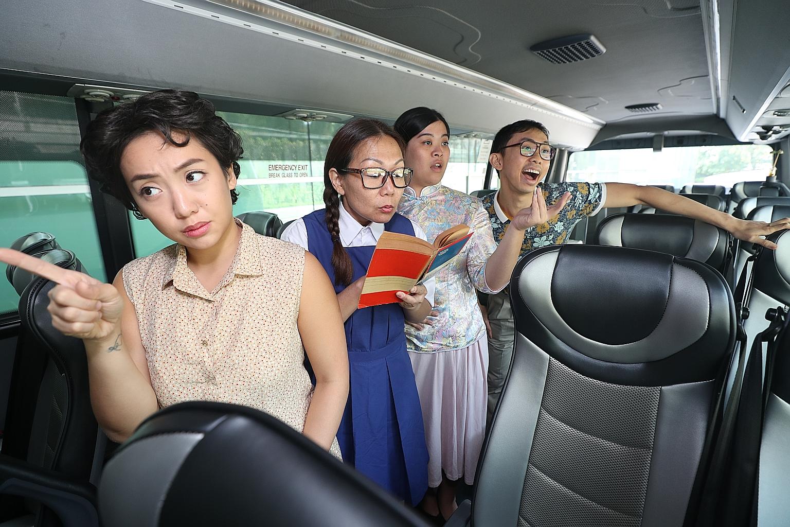 The public can hop on a bus where actors tell stories of the 1970s, in a show called Buses And Roads: A Bus Theatre Experience. (From left) Cast members Dawn Lee, 26; Victoria Chen, 44; Miriam Cheong, 24; and Sean Lai, 33. The one-hour journey begins