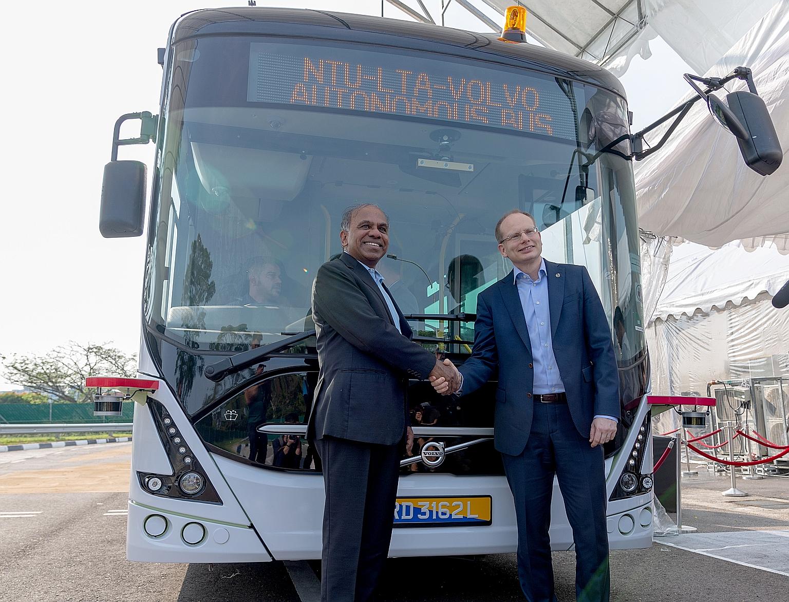 Nanyang Technological University president Subra Suresh (left) and Volvo Buses president Hakan Agnevall at the launch of the new bus.