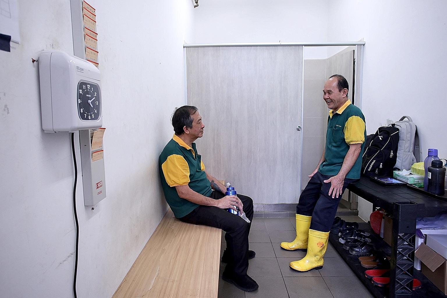 The cleaners' room at Yishun Park Hawker Centre provides facilities such as a changing stall and storage area. Cleaners have a special room where they can take breaks, have their meals and keep their belongings safely at seven hawker centres.