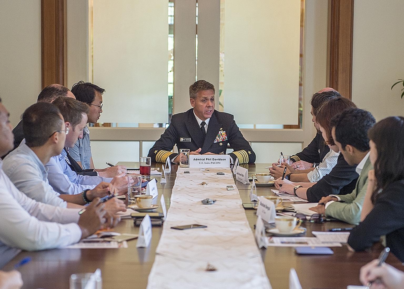 Admiral Philip Davidson, commander of the US Indo-Pacific Command, speaking to reporters at the US Ambassador's residence ahead of his lecture yesterday. He spoke about a free and open Indo-Pacific region, stressing that Singapore remains an importan