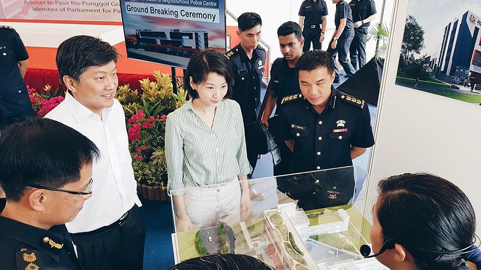 Mr Ng Chee Meng (left) and Ms Sun Xueling, both MPs for Pasir Ris-Punggol GRC, at the ground-breaking ceremony for the building which will house Punggol's fire station and police centre yesterday.