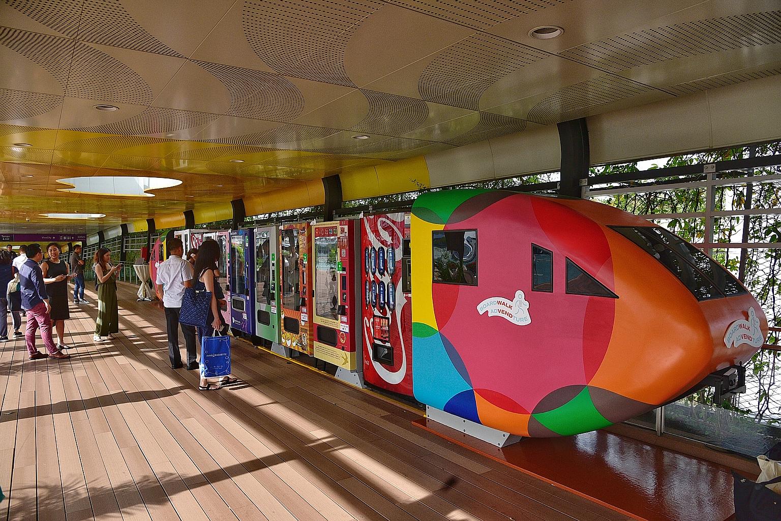 Visitors taking the pedestrian route into Sentosa from VivoCity will now be able to shop for a range of souvenirs, snacks and skincare products round the clock, with the launch of 35 vending machines along the Sentosa Boardwalk yesterday. Local cockt