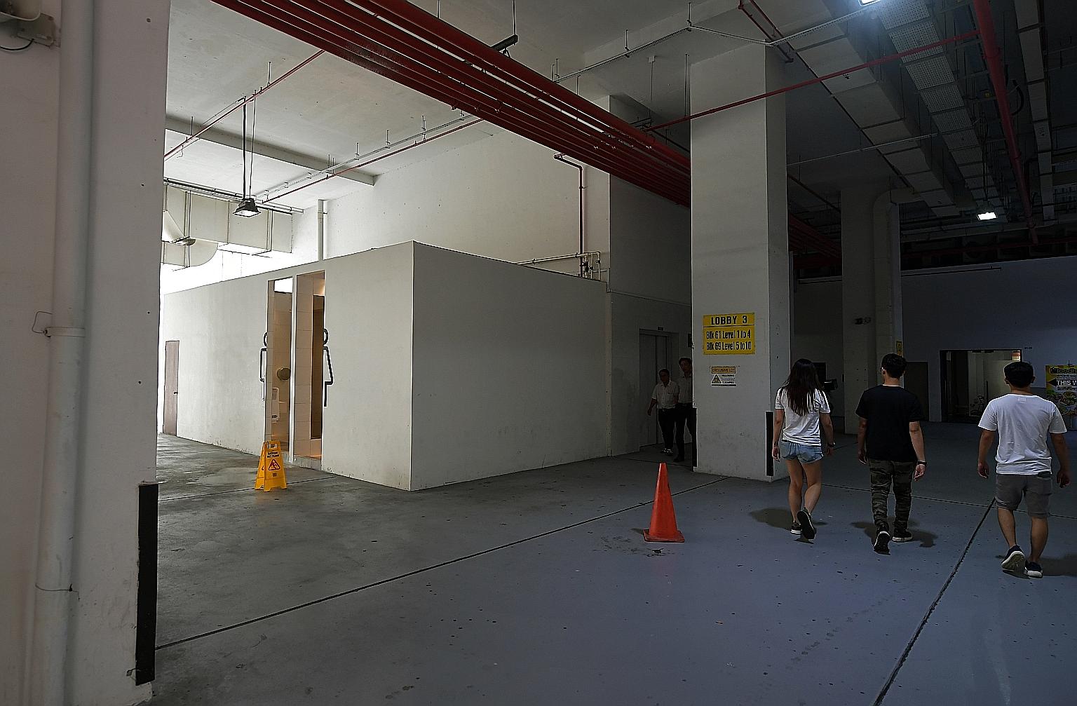 Public restrooms at the Oxley Bizhub commercial building in Ubi Road 1. An URA spokesman said that converting common property into facilities like toilets is subject to approval from the URA and relevant agencies.