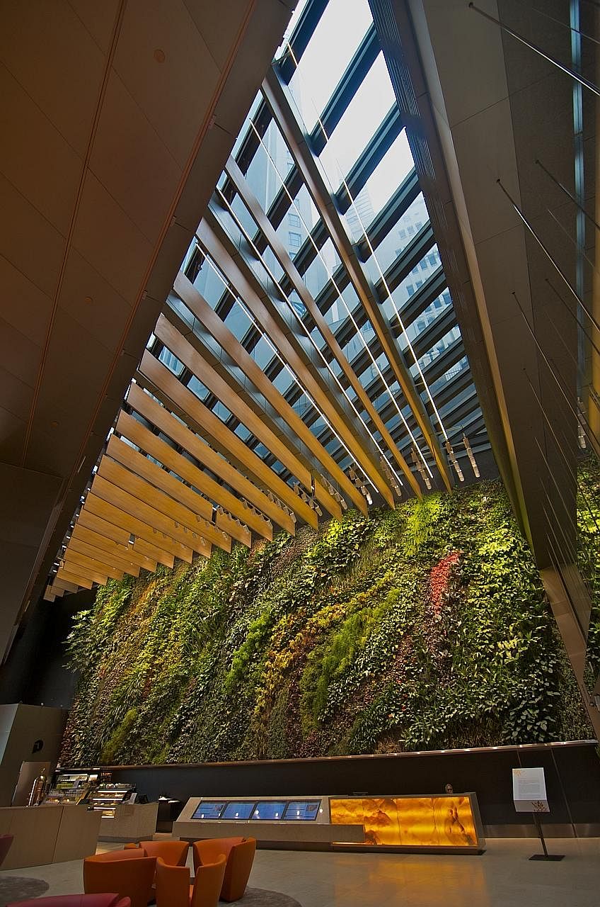 The 42-storey Six Battery Road in Raffles Place has the largest indoor vertical garden in the Central Business District, with about 120 plant species occupying 2,000 sq ft of space.