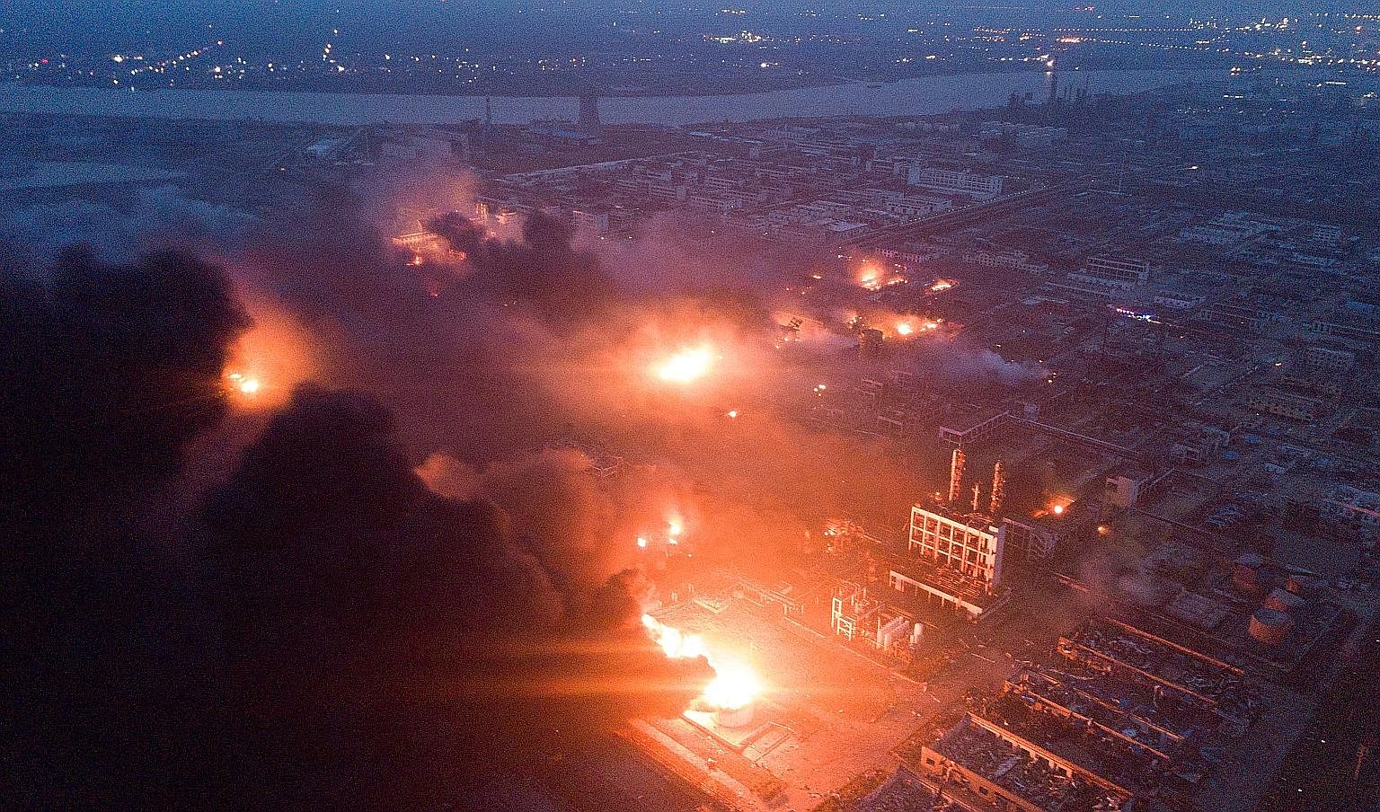 Smoke billowed from a fire at a chemical plant near Yancheng city, in China's eastern Jiangsu province, after a powerful explosion killed at least 62 people and injured 640 others on Thursday. The blast at the Jiangsu Tianjiayi Chemical Company in th