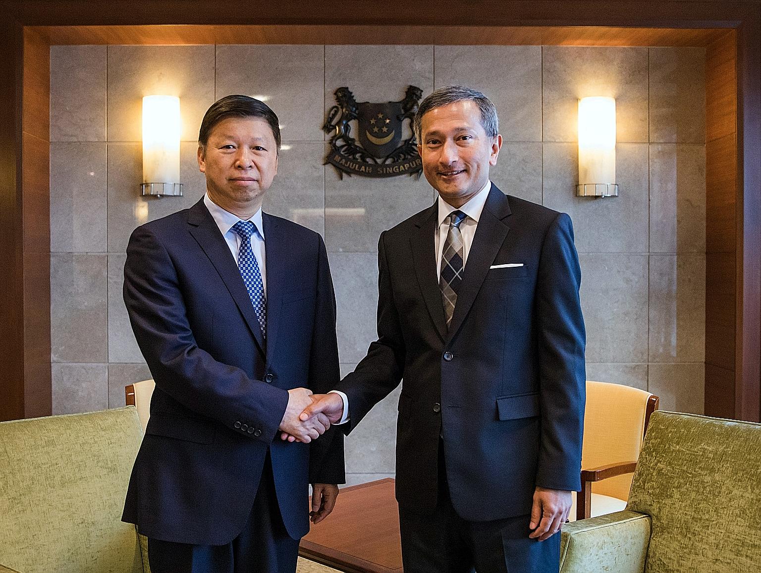 Chinese Communist Party's Minister of the International Department Song Tao, in Singapore on a four-day visit, meeting Foreign Minister Vivian Balakrishnan at the Ministry of Foreign Affairs yesterday.
