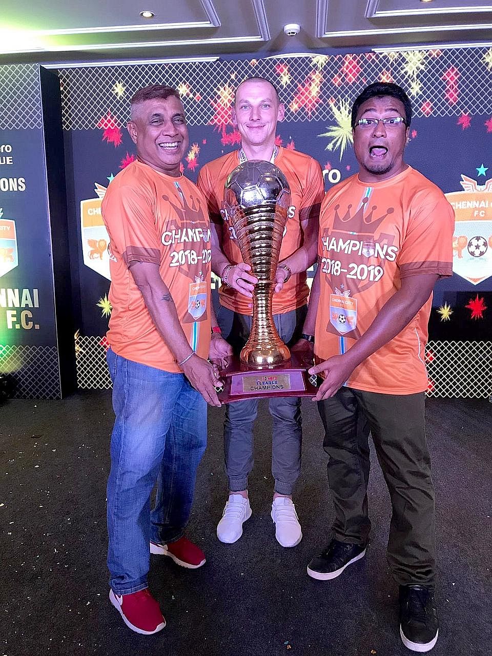 From right: I-League champions Chennai City coach Akbar Nawas, import Jozef Kaplan and assistant coach K. Balagumaran posing with the I-League trophy. Akbar was named Coach of the Year at the I-League awards and trophy presentation ceremony on Wednes