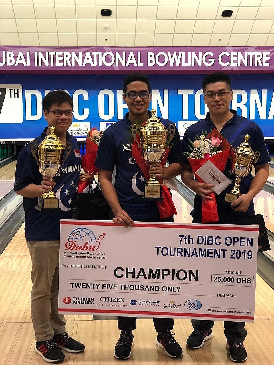 From left: Timothy Tham, Muhd Danial and Marcus Lim make it an all-Singapore podium at the 7th DIBC Open Bowling Tournament.