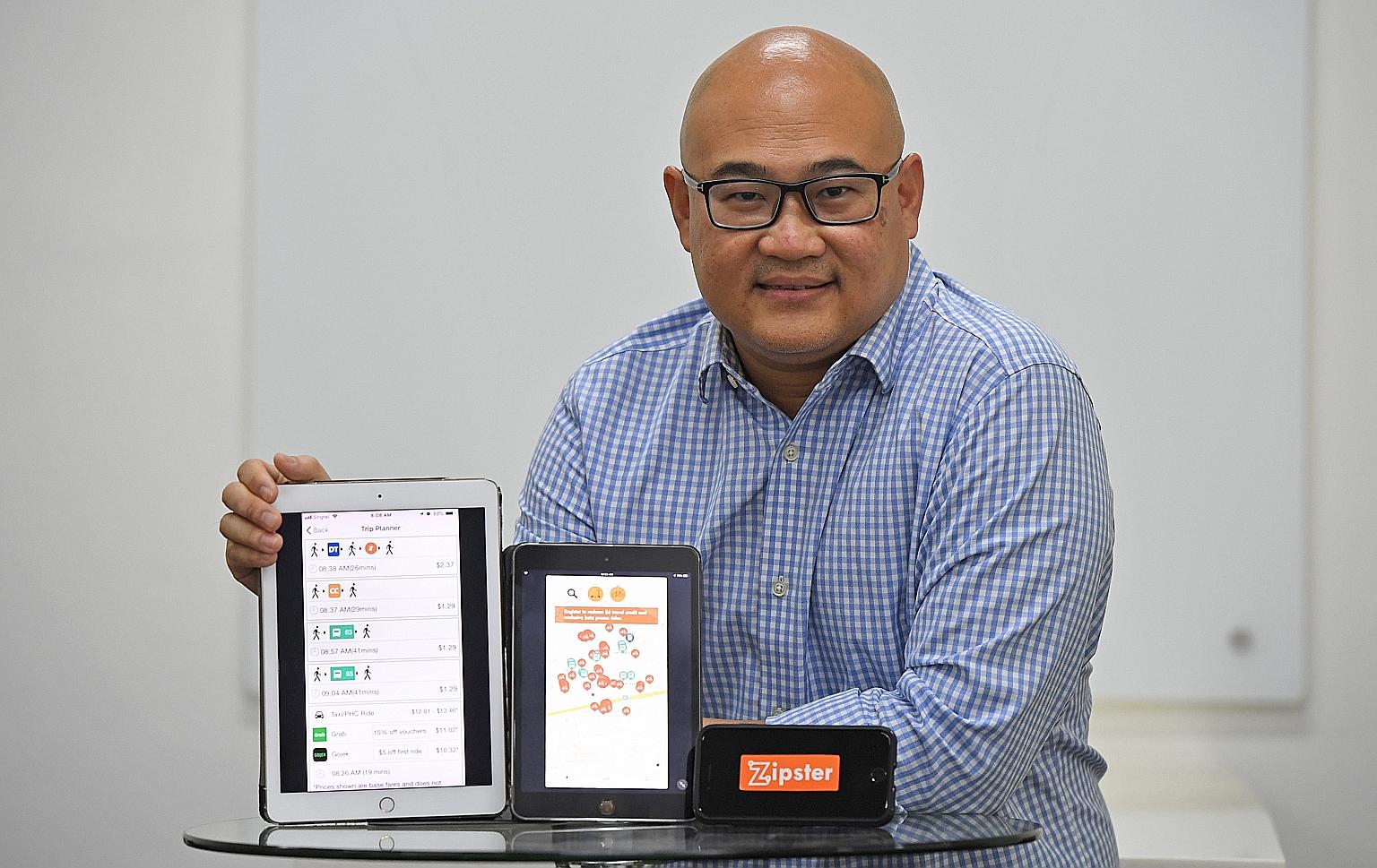 Mr Colin Lim, CEO of mobilityX, says the SMRT-backed app Zipster features an integrated mobile wallet that can be used for rides across transport services.
