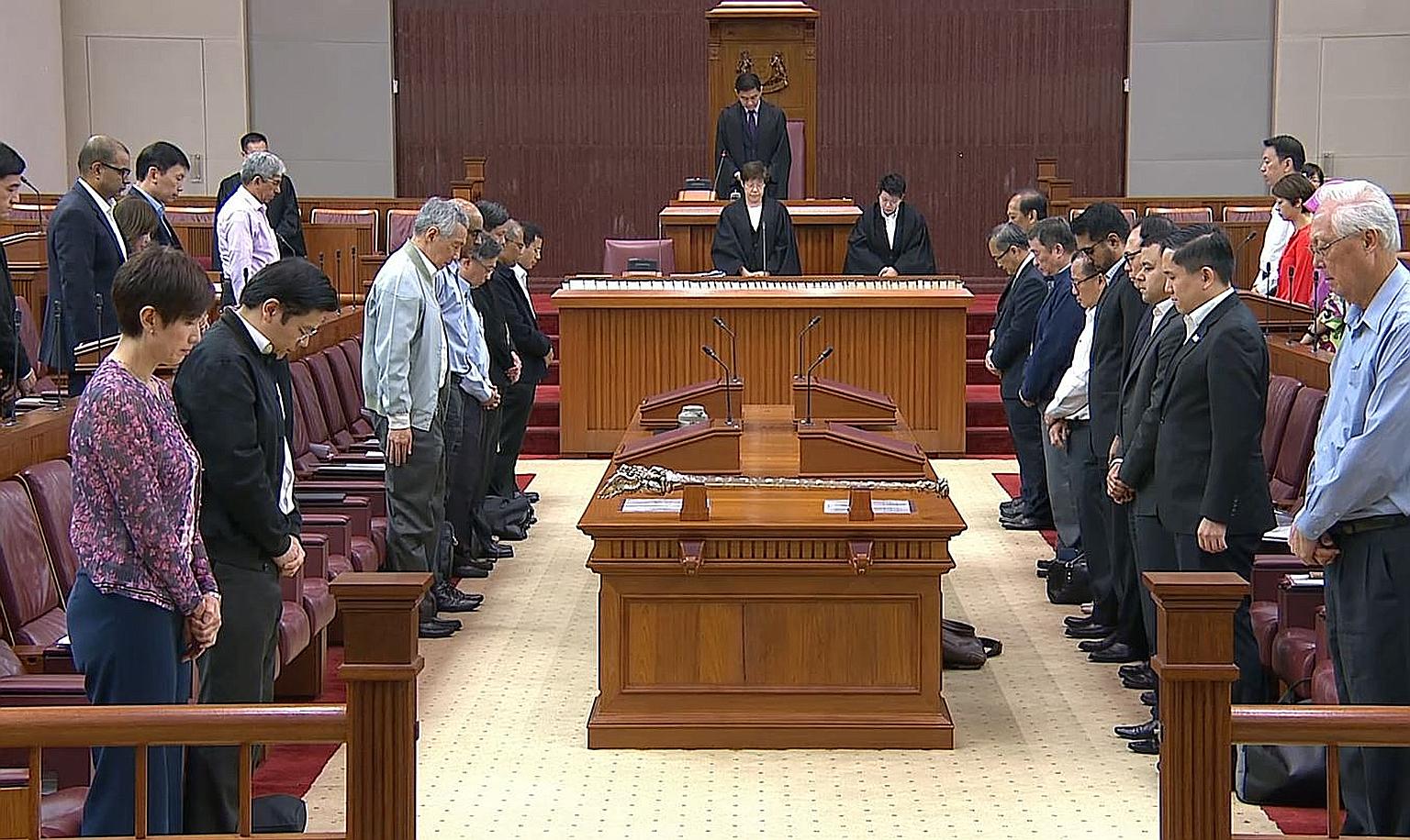 MPs observing a minute's silence in Parliament yesterday for the victims of the March 15 Christchurch shootings. Senior Parliamentary Secretary for Home Affairs Sun Xueling said the recent attacks in Christchurch and the Dutch city of Utrecht have un