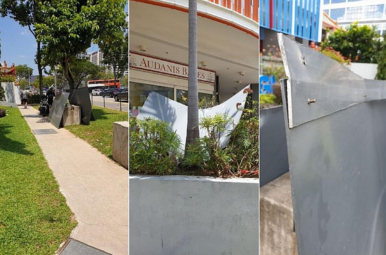 Some of the metal cladding panels that fell from WIS@Changi, a six-storey commercial building, on Thursday. One eyewitness, Mr Tay, who is an engineer, said: "I estimated each sheet of metal to measure about 1m by 2m, weigh around 60kg, and to be aro