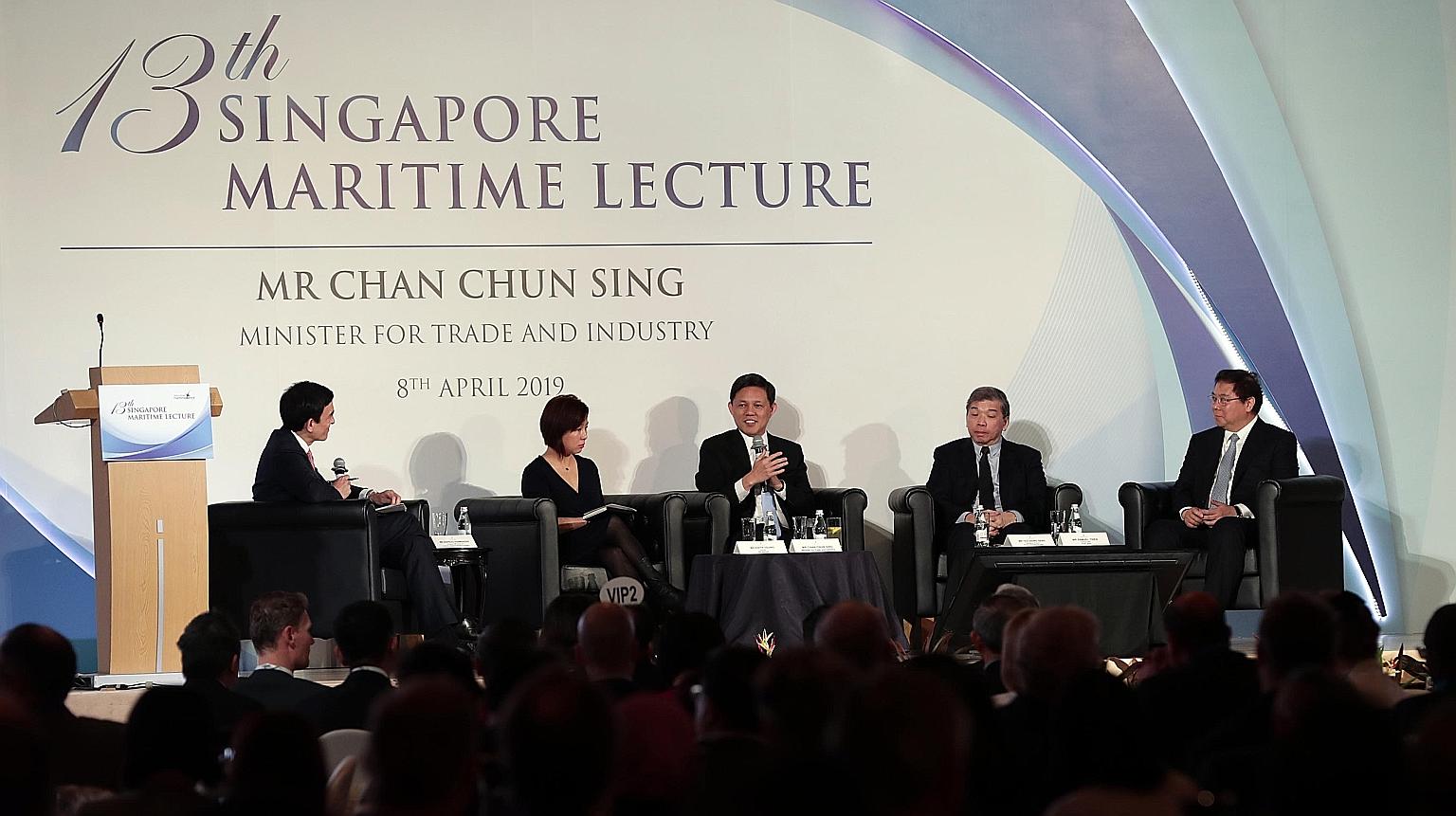 Trade and Industry Minister Chan Chun Sing (centre) at the panel discussion after delivering the 13th Singapore Maritime Lecture yesterday, with (from left) Singapore Maritime Foundation chairman Andreas Sohmen-Pao, 500 Startups China partner Edith Y