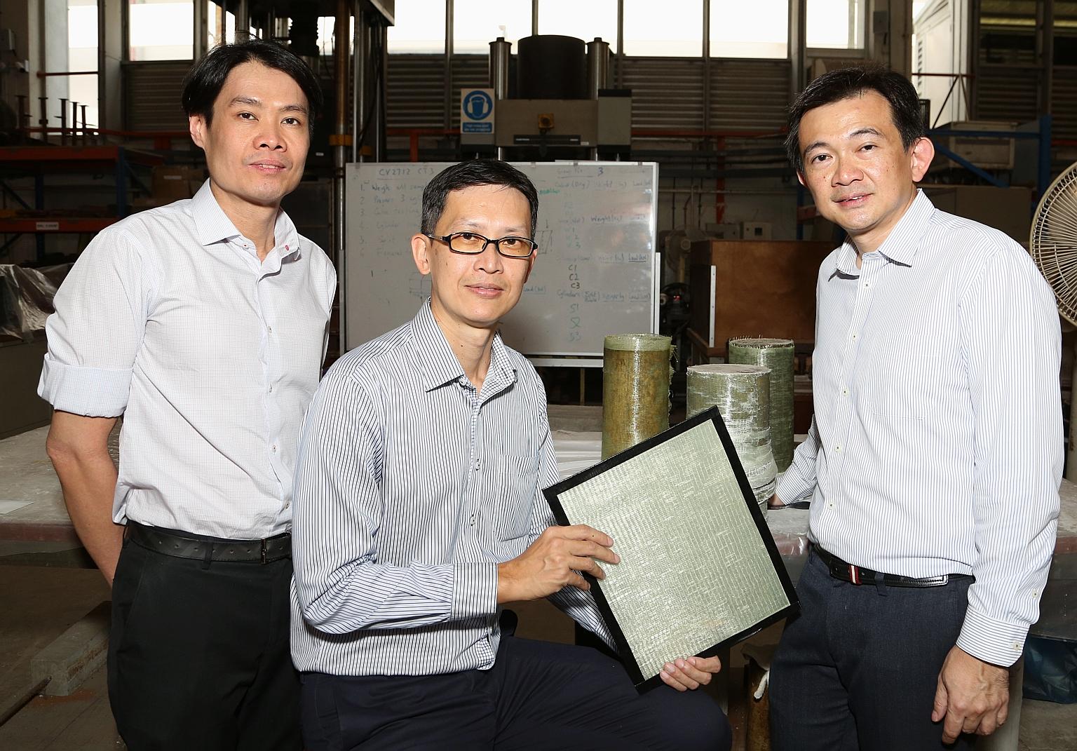 From left: Mr Calvin Chung, group director of engineering at JTC; Associate Professor Ng Kee Woei, from NTU's School of Materials Science and Engineering; and Dr Ang Choon Keat, founder of Prostruct Consulting. FasRaP was jointly developed by scienti