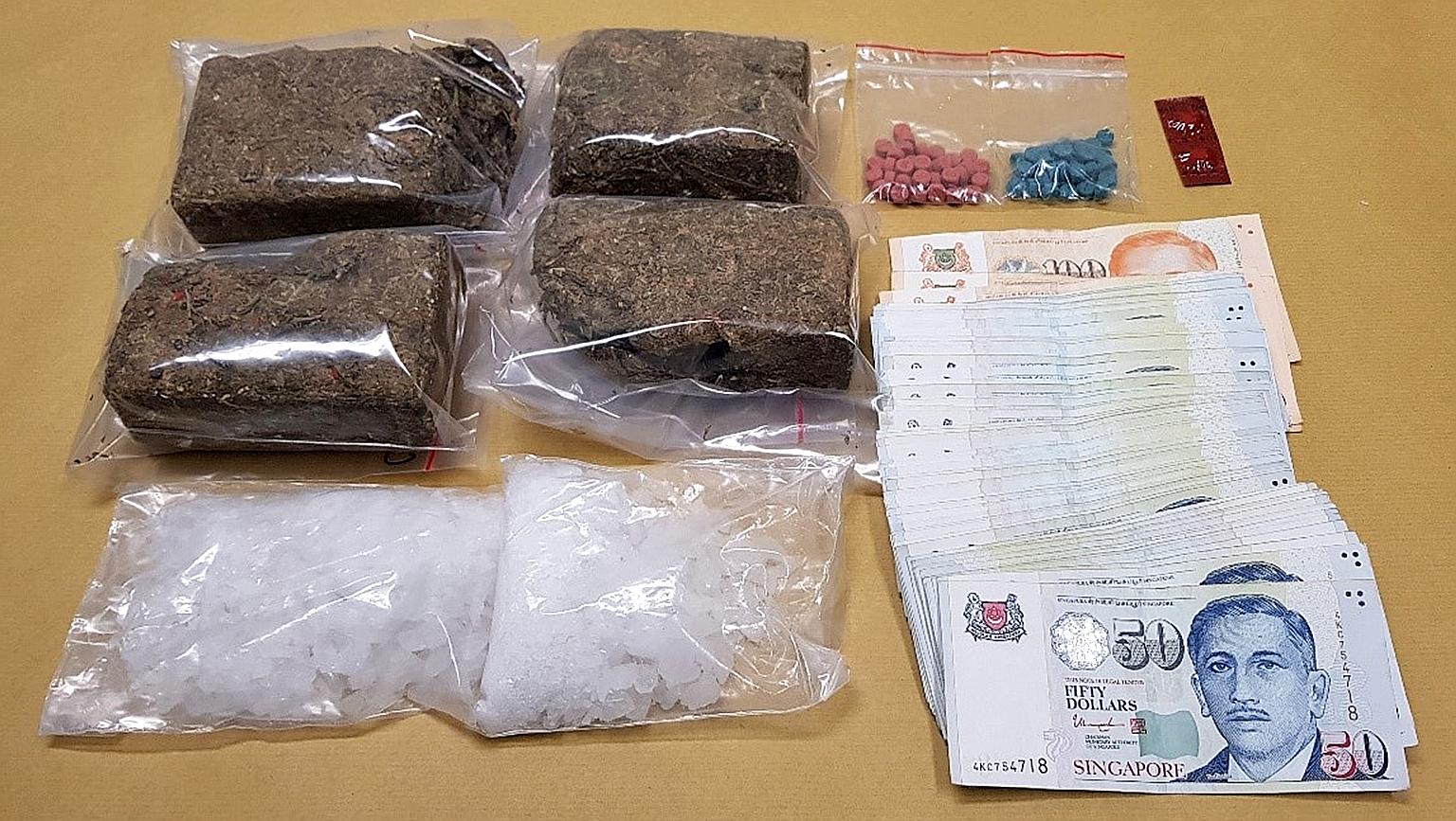 Around $45,000 worth of drugs, including Ecstasy and Ice, have been seized in an operation. Three Singaporeans and one Malaysian have been arrested for suspected drug activities.