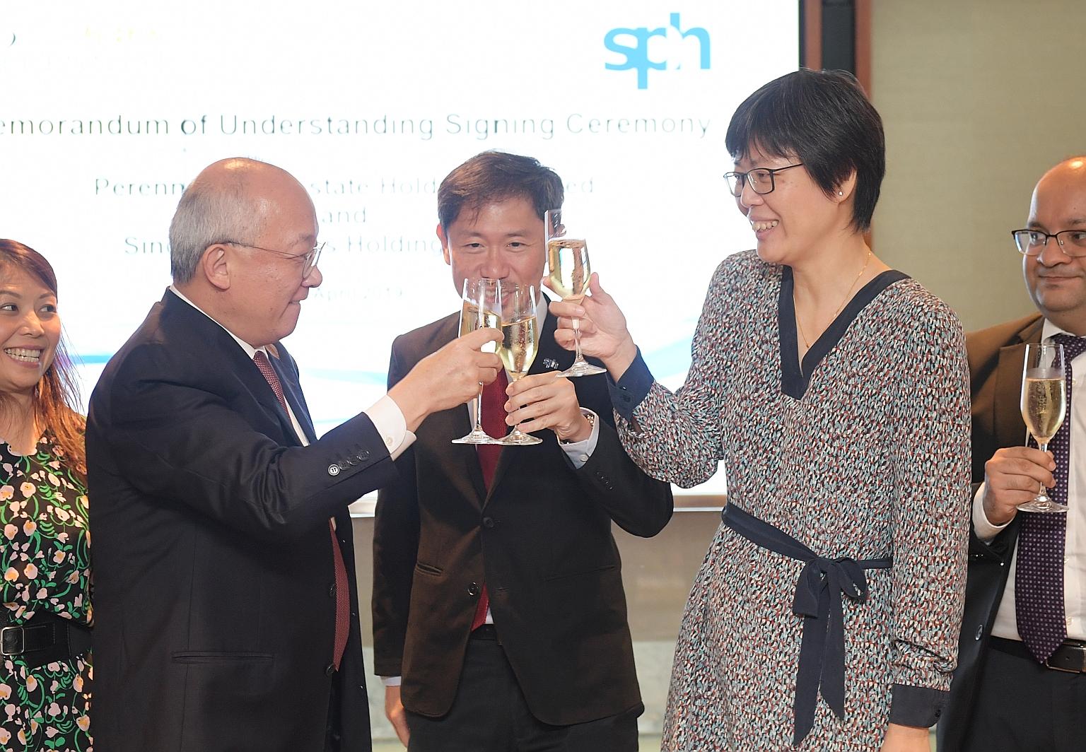 (From left) Perennial chief executive Pua Seck Guan, SPH deputy CEO Anthony Tan and SPH head of Chinese Media Group Lee Huay Leng at the MOU signing ceremony yesterday.